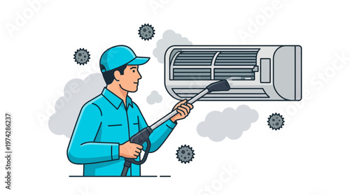 Professional HVAC Technician Cleaning Air Conditioner for Better Air Quality - Vector Illustration of AC Maintenance and Sanitization Service
