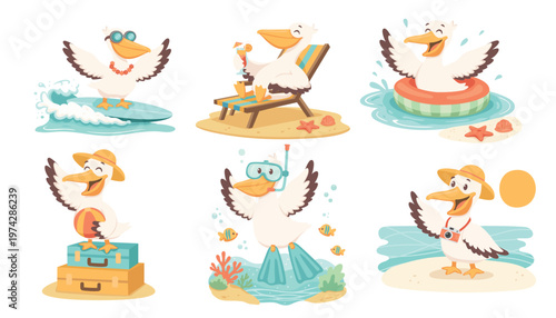Cute pelican summer set, funny pelican character on vacation, surfing, swimming, relaxing, travel concept, flat vector illustration collection