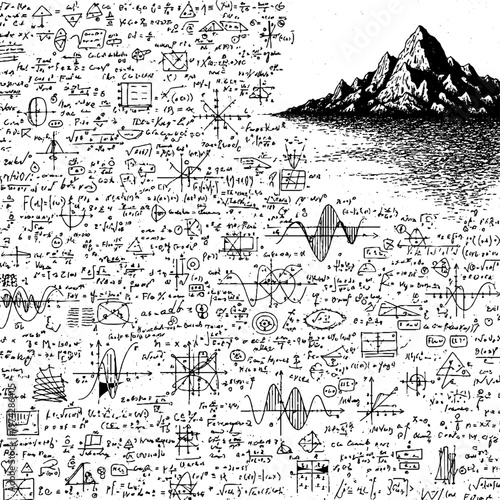 Scientific equations and mountain landscape in black and white with abstract background mathematics equations formulas calculus handwritten calculations diagrams research education knowledge