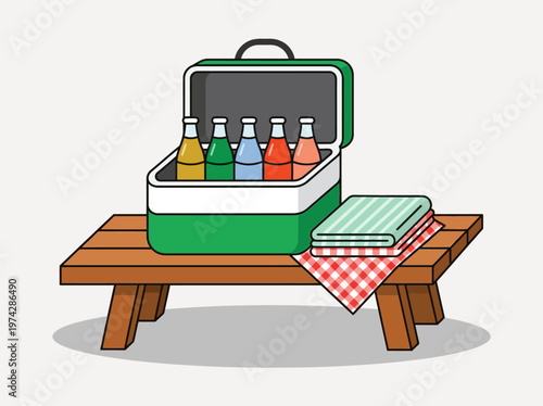 Picnic Cooler Box with Cold Drinks on Wooden Bench - Summer Vacation Outdoor Refreshment Illustration with Beach Towels and Checkered Cloth