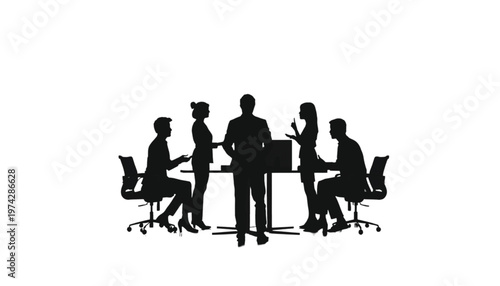 Diverse group of business people in silhouette holding discussions around a conference table.
