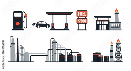 Oil and Gas Industry Icons - Fuel Stations and Refineries.