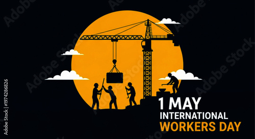 International Workers Day Banner with Silhouette Construction Site