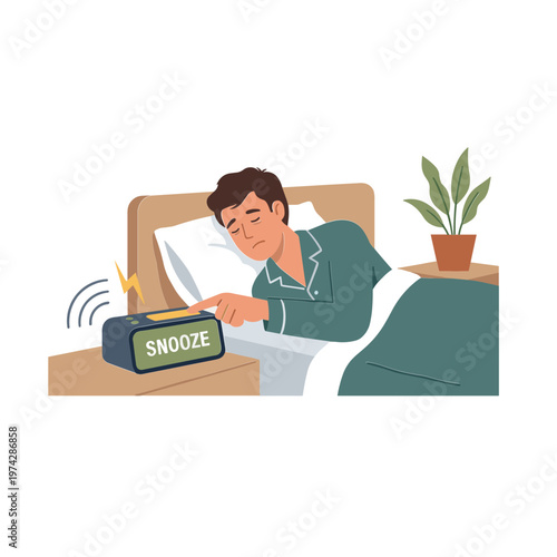 Man waking up in bed pressing snooze on alarm clock beside him