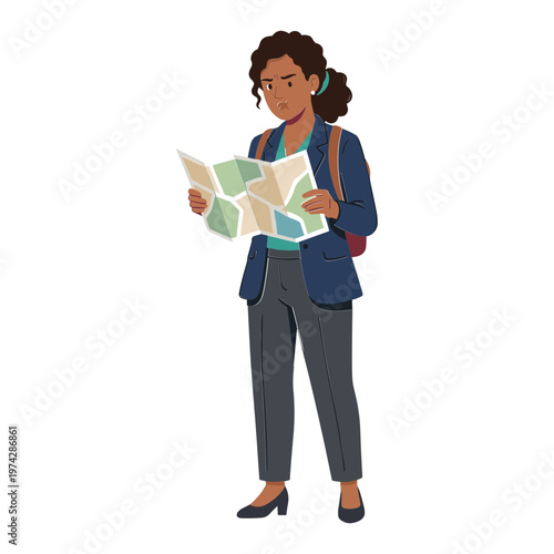 A woman in business attire studies a map while standing still.