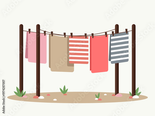 Flat vector illustration of colorful laundry and towels hanging on an outdoor clothesline to dry