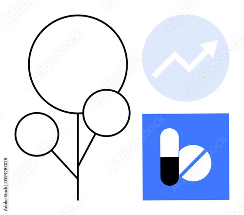 Economic growth, healthcare, pharmaceuticals, innovation, biotechnology, digital health. Diagram of a tree, arrow graph and capsules. Economic growth and healthcare concepts conveyed through symbols