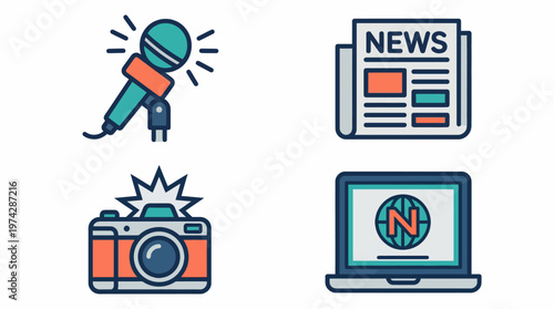 A graphic illustration of news and media icons on a white background