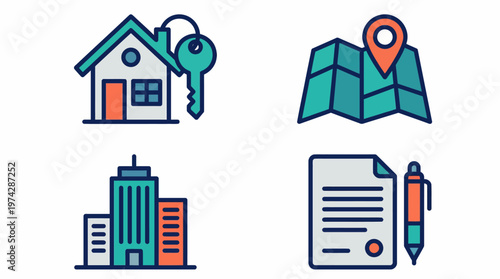 A set of colorful icons representing real estate and property concepts