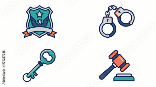 A set of law enforcement icons including a badge, handcuffs, key, and gavel on a white background