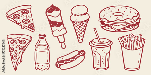 Hand drawn fast food and sweet treats in a charming silhouette