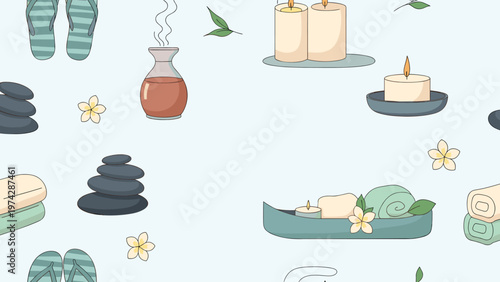 Relaxing spa themed seamless pattern featuring scented candles, stacked massage stones, flip-flops, incense burners, and towels.