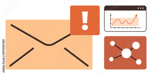 Business analytics, email marketing, digital communication, data management, notification alerts, online growth trends. Envelope with alert icon, chart and data nodes. Email marketing and business