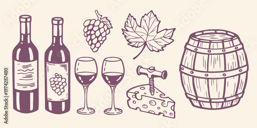 Wine accessories and fruit illustration in a hand drawn style silhouette