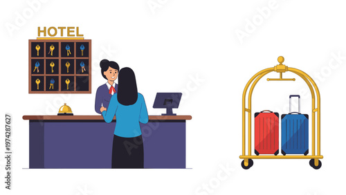 Busy hotel lobby scene showing a receptionist behind the desk helping a guest next to a luggage trolley with red and blue suitcases.