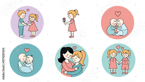 Set of six circular stickers depicting heartwarming scenes of affection and love between children, siblings, and parent figures.