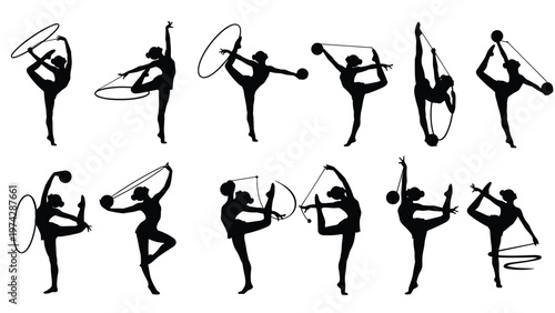 Collection of black silhouettes showing rhythmic gymnasts performing athletic maneuvers with hoops, balls, ribbons, and ropes.