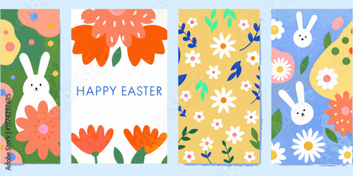 Four colorful easter cards with floral designs and bunny silhouettes