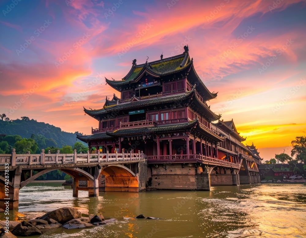 Fototapeta premium A stunning view of the historic Pavilion of Link-Happiness in Chongqing, China, bathed in the warm glow of a vibrant sunset over the Jialing River.