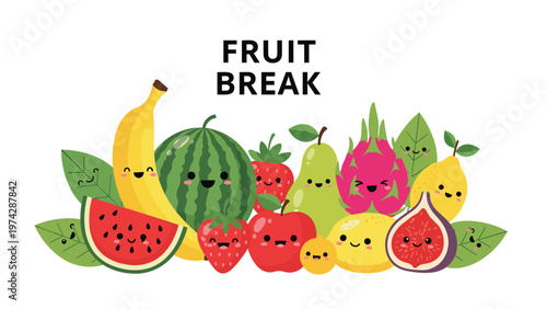 Group of happy cartoon fruits and vegetables with cute faces and the text fruit break displayed above them on a white background.
