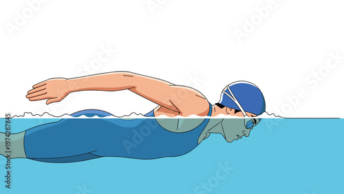Male athlete swims freestyle stroke in clear blue water showing proper technique and form for competitive swimming.