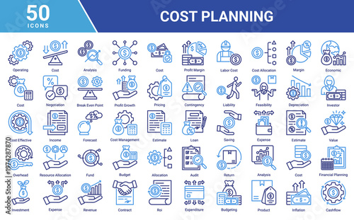 Cost Planning icon set with 50 business and finance icons including budgeting,expense,investment,revenue,forecasting,and cashflow.Suitable for web,app,UI,presentation,and infographic design.