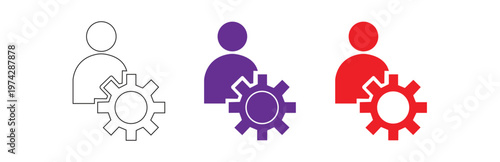 user with gear icon representing settings or profile configuration in outline, purple and red variants isolated on transparent background concept
