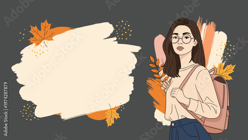 Young woman wearing spectacles and a backpack stands against a background of autumn leaves and creative paint strokes.