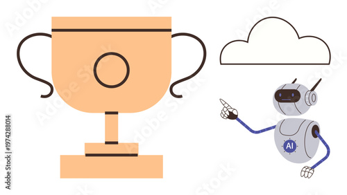 Artificial intelligence, cloud technology, achievement, digital transformation, future technology, rewards. Robot pointing at trophy and cloud. Innovation and achievement concept