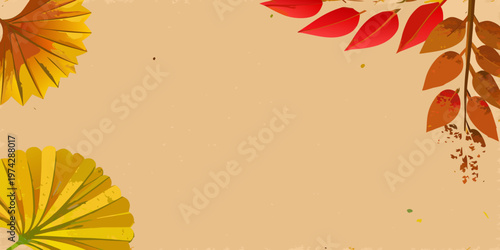 Autumn leaves in shades of red orange and yellow against a beige background