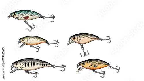 Various types of fishing lures with sharp hooks and realistic designs are displayed for angling enthusiasts and hobbies.