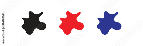 Multiple variants of abstract liquid ink splatters in black, red, and blue, featuring organic blob shapes, perfect for modern graphic design elements isolated on transparent background.