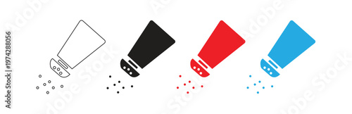 Multiple variants of colorful salt shakers pouring spice, featuring outline, black, red, and blue filled versions, perfect for culinary and food-related designs, isolated on transparent background.
