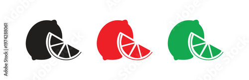A set of simple icons depicting whole and sliced limes in black red and green colors isolated on a white background representing citrus fruits and freshness