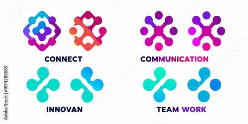 Abstract colorful shapes with connecting lines and related text labels