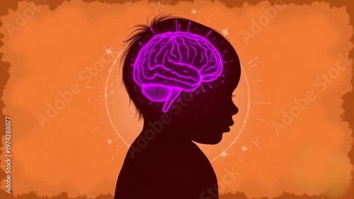 Child silhouette with brain illustration on orange background representing creativity and learning