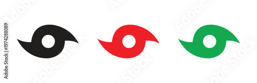 A set of black, red, and green hurricane symbols, depicting a powerful tropical storm or cyclonic weather event, providing a clear and essential warning icon isolated on transparent background.