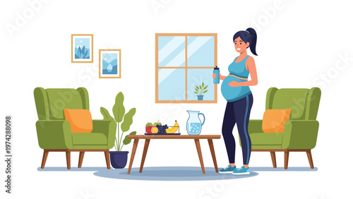 Healthy pregnant woman in blue activewear holds a water bottle in her living room with fresh fruit on the table nearby.