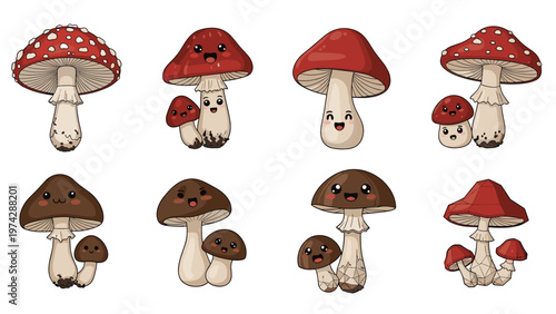 Collection of adorable cartoon mushrooms features various species with happy faces and colorful caps in a playful style.