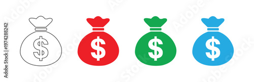 Multiple money bag icons in red, green, and blue with a white outline version, each displaying a prominent dollar sign, isolated on a white background, representing wealth and financial concepts.