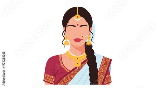 Beautiful Indian woman in traditional attire wears gold jewelry and a white saree while looking directly at the viewer.