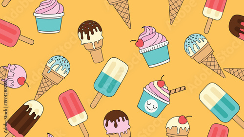 Seamless background pattern consists of various colorful ice cream cones and popsicles with toppings on a yellow base.