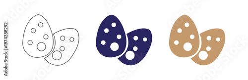 Set of three easter eggs icons with polka dot pattern in outline solid blue and solid brown colors on white background representing spring celebration and fertility