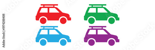 Multiple variants of colorful flat design suv car icons with roof racks, representing transportation, travel, and adventure concepts, isolated on transparent background.