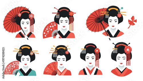 Selection of Japanese geisha portraits shows women in traditional makeup and hairstyles holding fans and umbrellas.