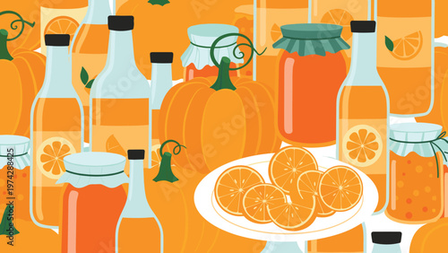 Vibrant food composition displays fresh oranges alongside jars of marmalade and juice bottles in a colorful arrangement.