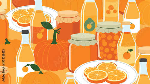 Overlapping images of orange fruit glass jars of jam and bottles of fresh juice create a dense and appetizing pattern.
