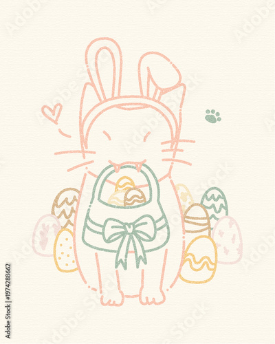 Cute hand drawn cat wearing bunny ears holding basket with Easter eggs in pastel tones on textured background. Minimal, Christian Easter concept, kids friendly illustration, greeting card design.