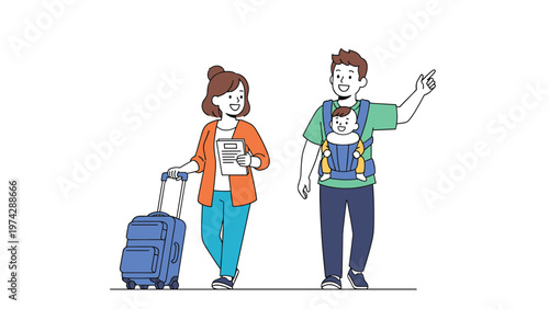 Young couple travels with their infant in a baby carrier while carrying a blue suitcase and checking their itinerary.