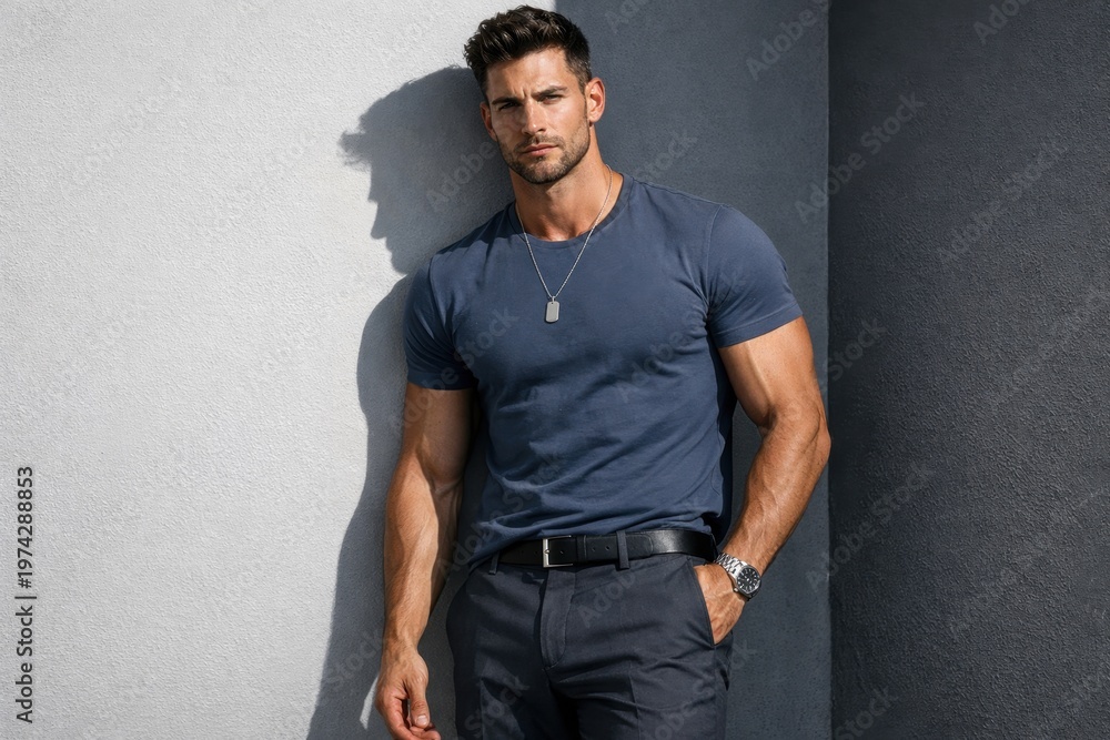 Obraz premium Muscular man in a blue t-shirt and dark pants leaning against a textured wall